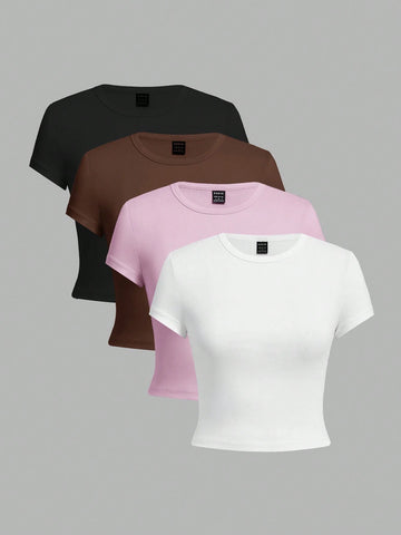 EZwear Women's Casual Solid Color Short Crop Tight-Fitting T-Shirt 4pcs Set shein