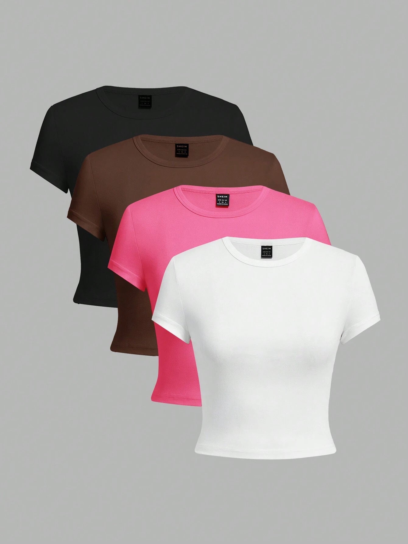 EZwear Women's Casual Solid Color Short Crop Tight-Fitting T-Shirt 4pcs Set shein