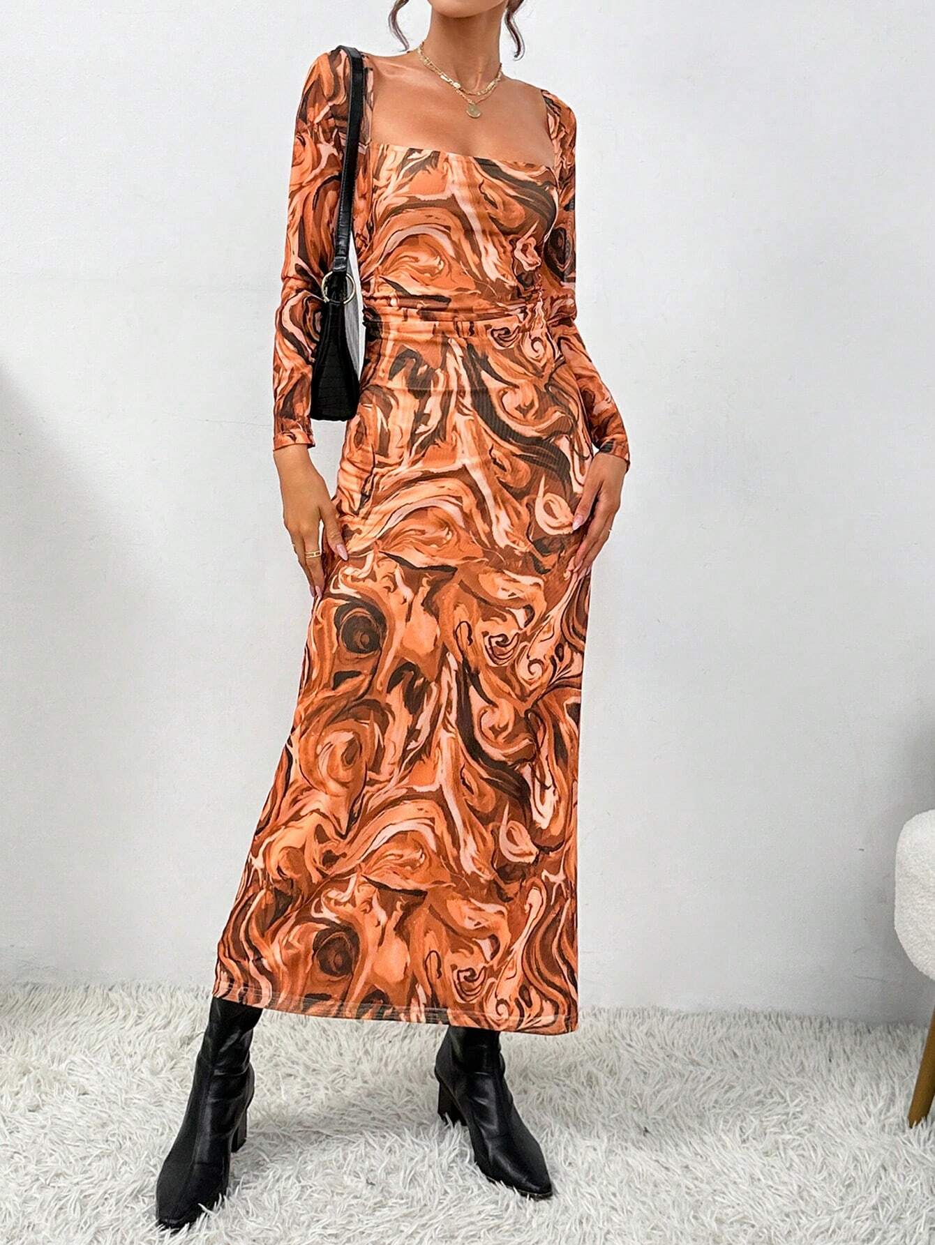 Essnce Marble Print Square Neck Dress shein