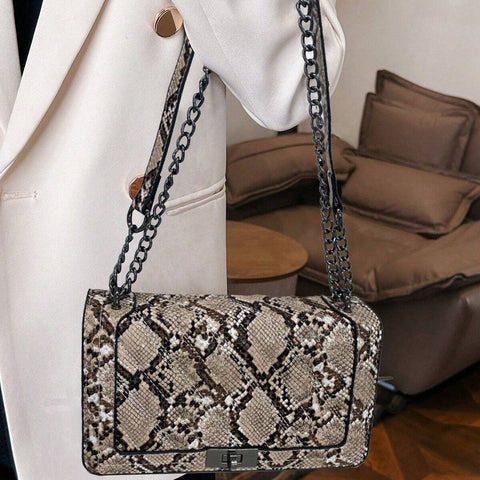 Herringbone Embroidery Thread Twist Lock Square Shoulder & Crossbody Bag With Chain Strap shein