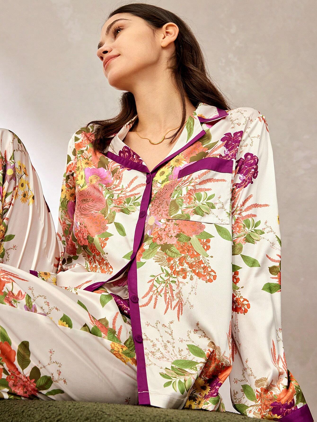 Luvlette Satin Floral Print Long Pajama Set shein