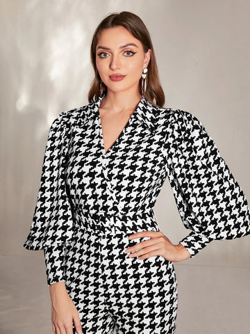 Modely Houndstooth Lantern Sleeve Flare Leg Jumpsuit shein