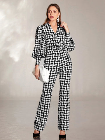 Modely Houndstooth Lantern Sleeve Flare Leg Jumpsuit shein