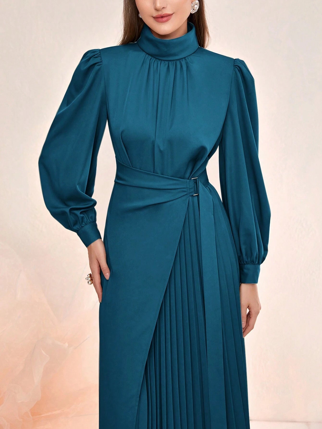 Modely Ladies' Arabic Stand Collar Pleated Dress shein