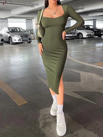 Privé Sweetheart Neck Split Thigh Women Bodycon Dress shein