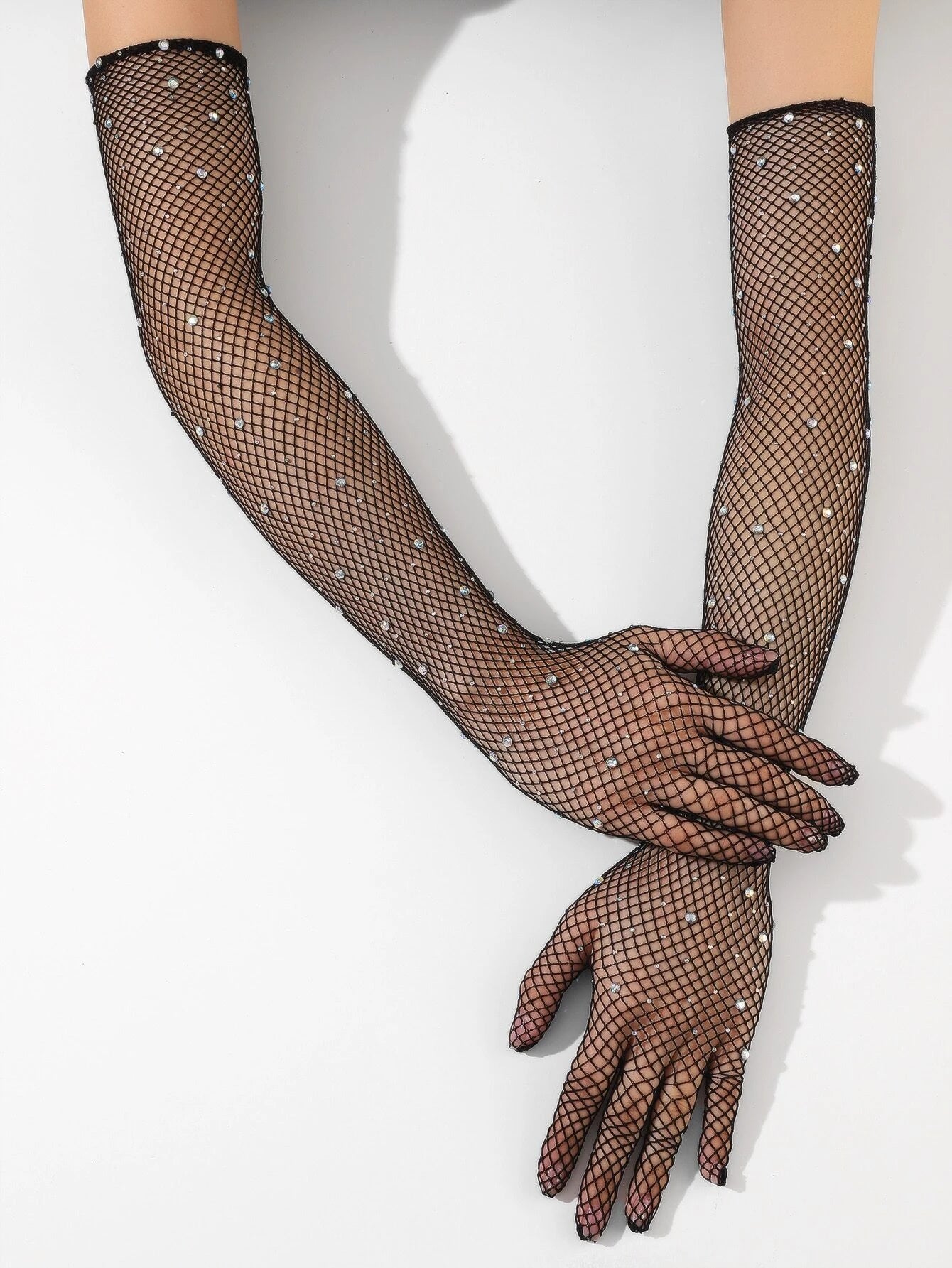 Rhinestone Decor Fishnet Long Gloves shein