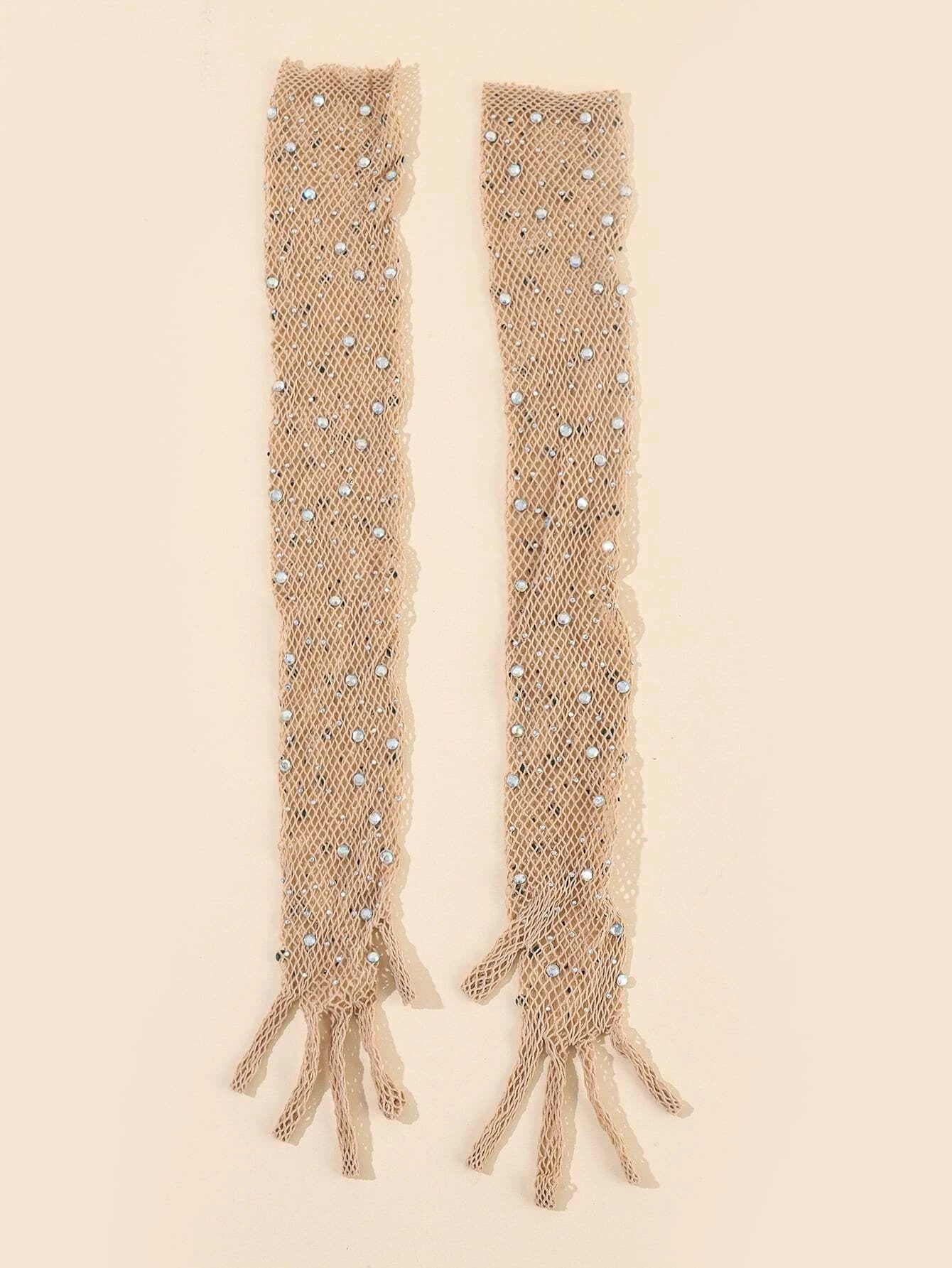 Rhinestone Decor Fishnet Long Gloves shein