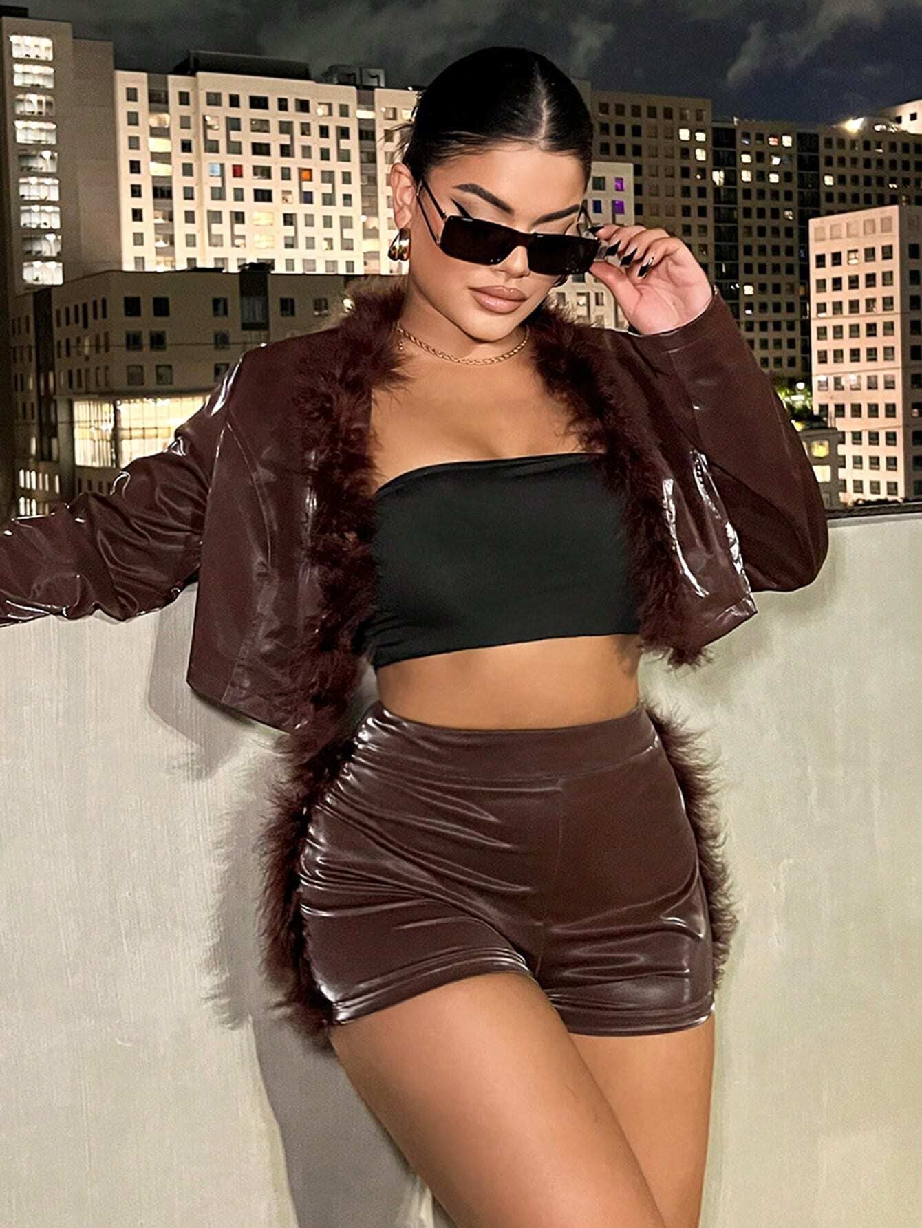 SXY Fuzzy Trim PU Leather Shorts shein