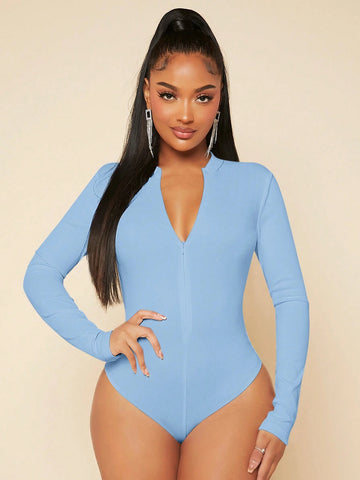 SXY Zip Up Slim Fit Bodysuit shein