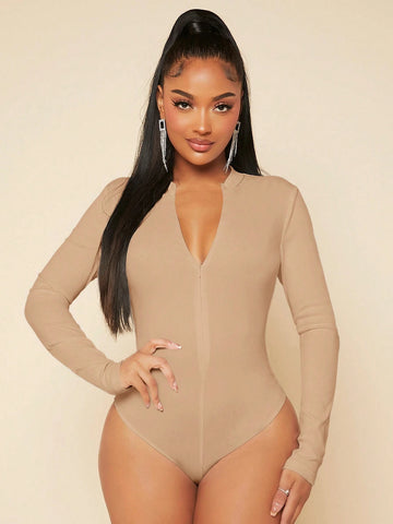 SXY Zip Up Slim Fit Bodysuit shein