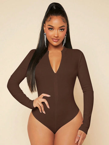 SXY Zip Up Slim Fit Bodysuit shein