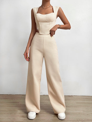 Solid Asymmetrical Hem Tank Top & Wide Leg Pants shein