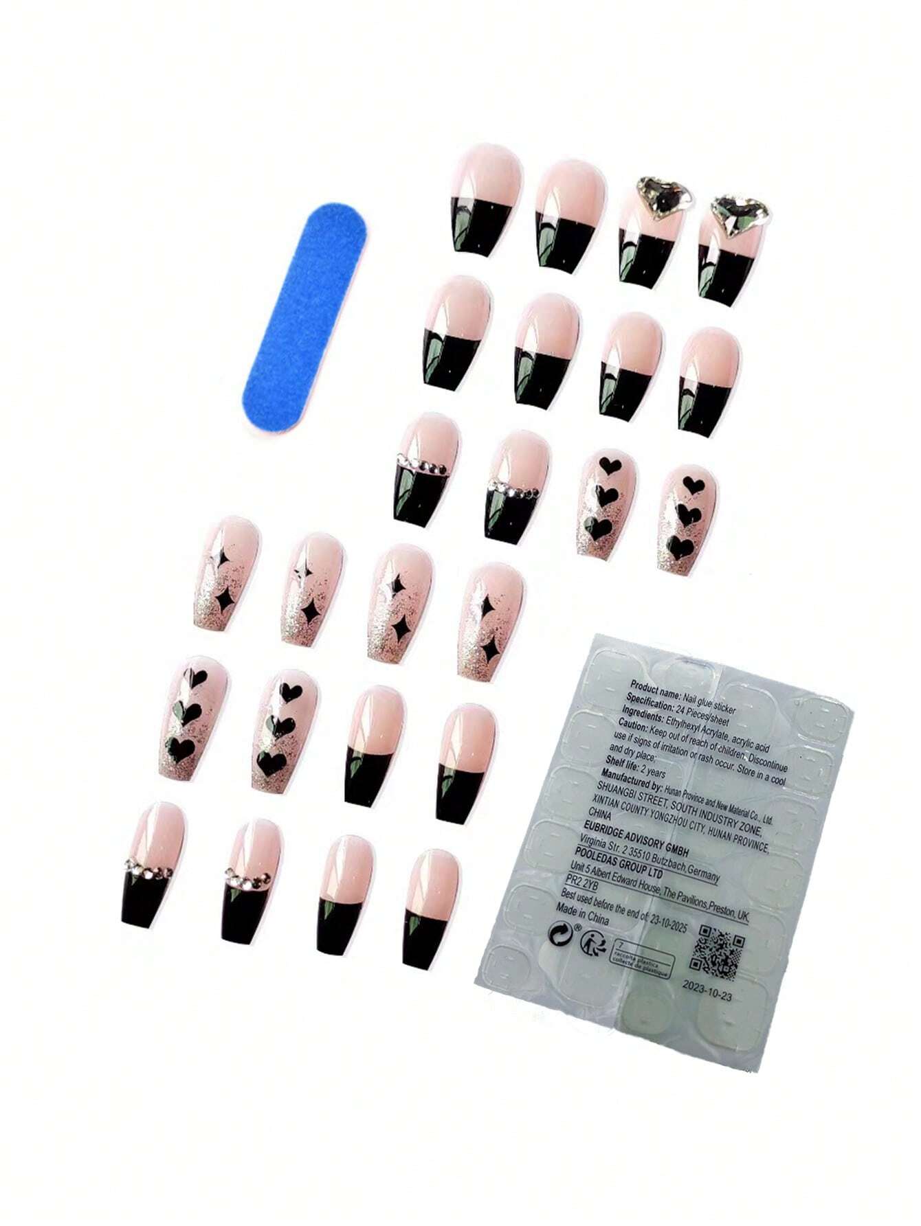 Transform Your Nails with 24pcs Long Coffin Black French Heart 3D Rhinestone Decor Fake Nail & 1sheet Tape & 1pc Nail File shein