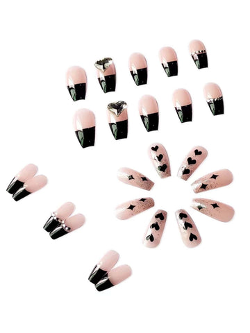 Transform Your Nails with 24pcs Long Coffin Black French Heart 3D Rhinestone Decor Fake Nail & 1sheet Tape & 1pc Nail File shein