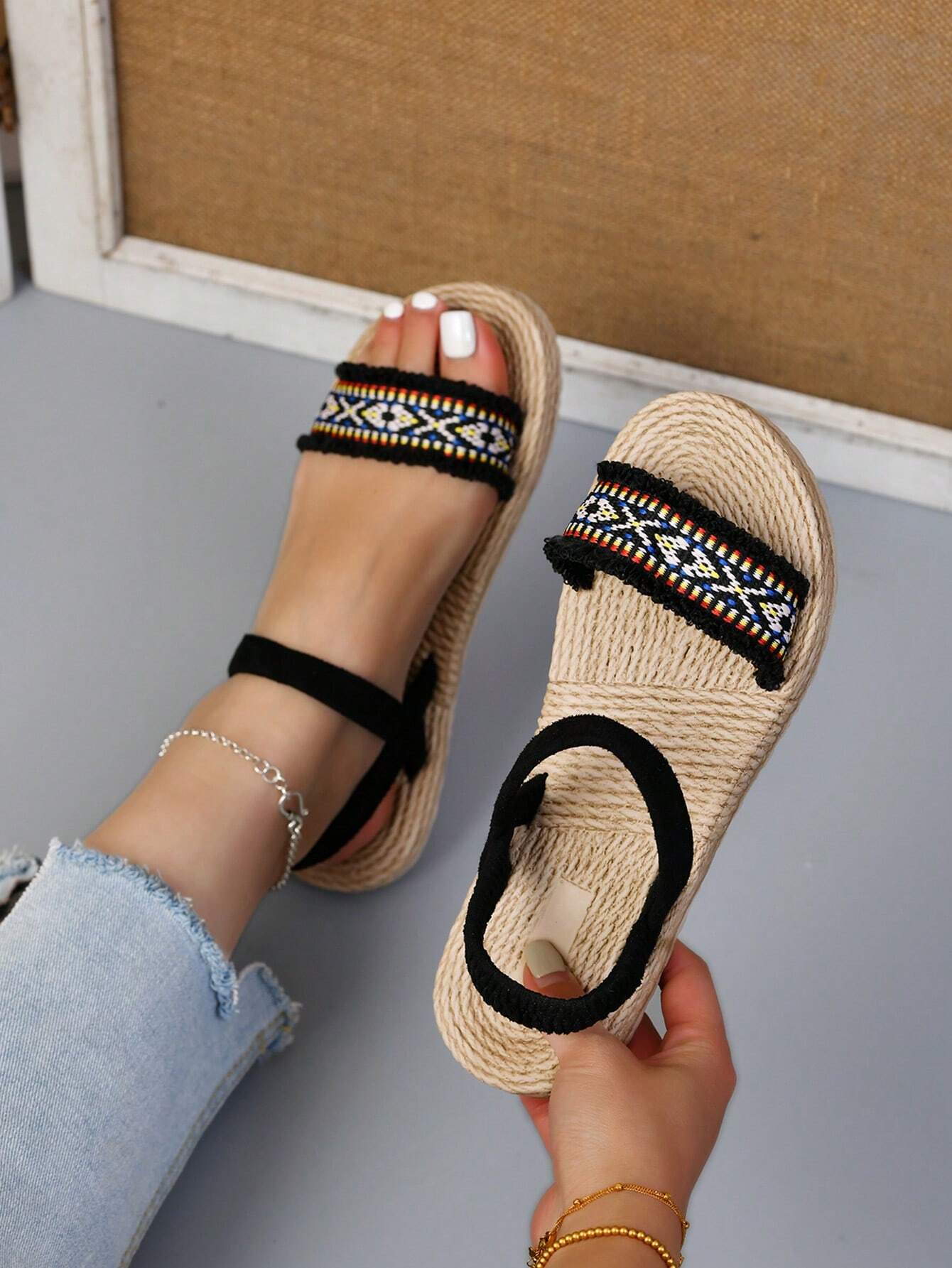 Vacation Black Sandals For Women, Braided Detail Ankle Strap Sandals shein