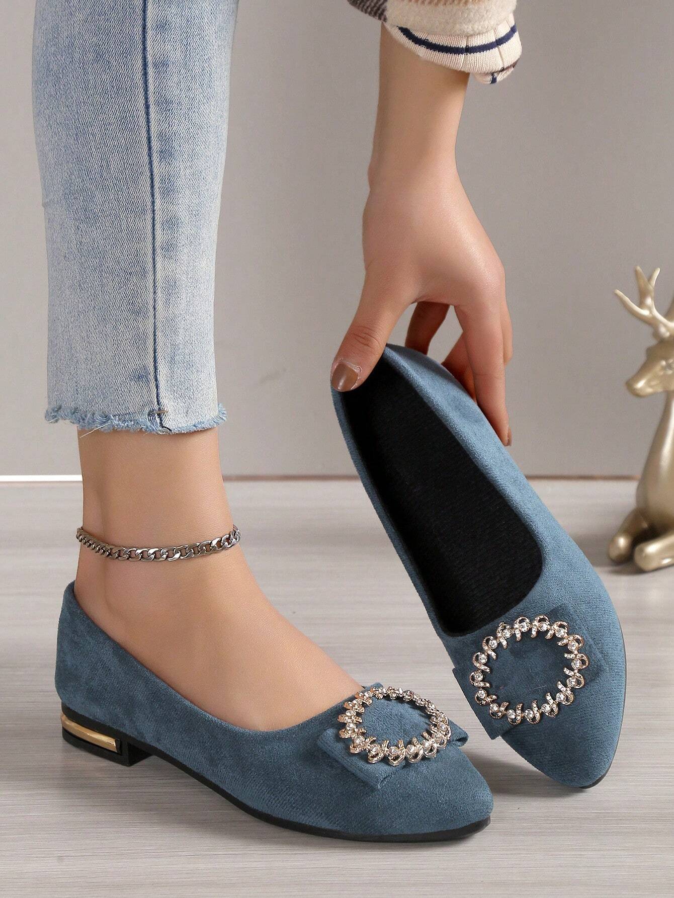 Women's Fashionable Velvet Bowknot Pointed Toe Comfortable Flat Shoes shein