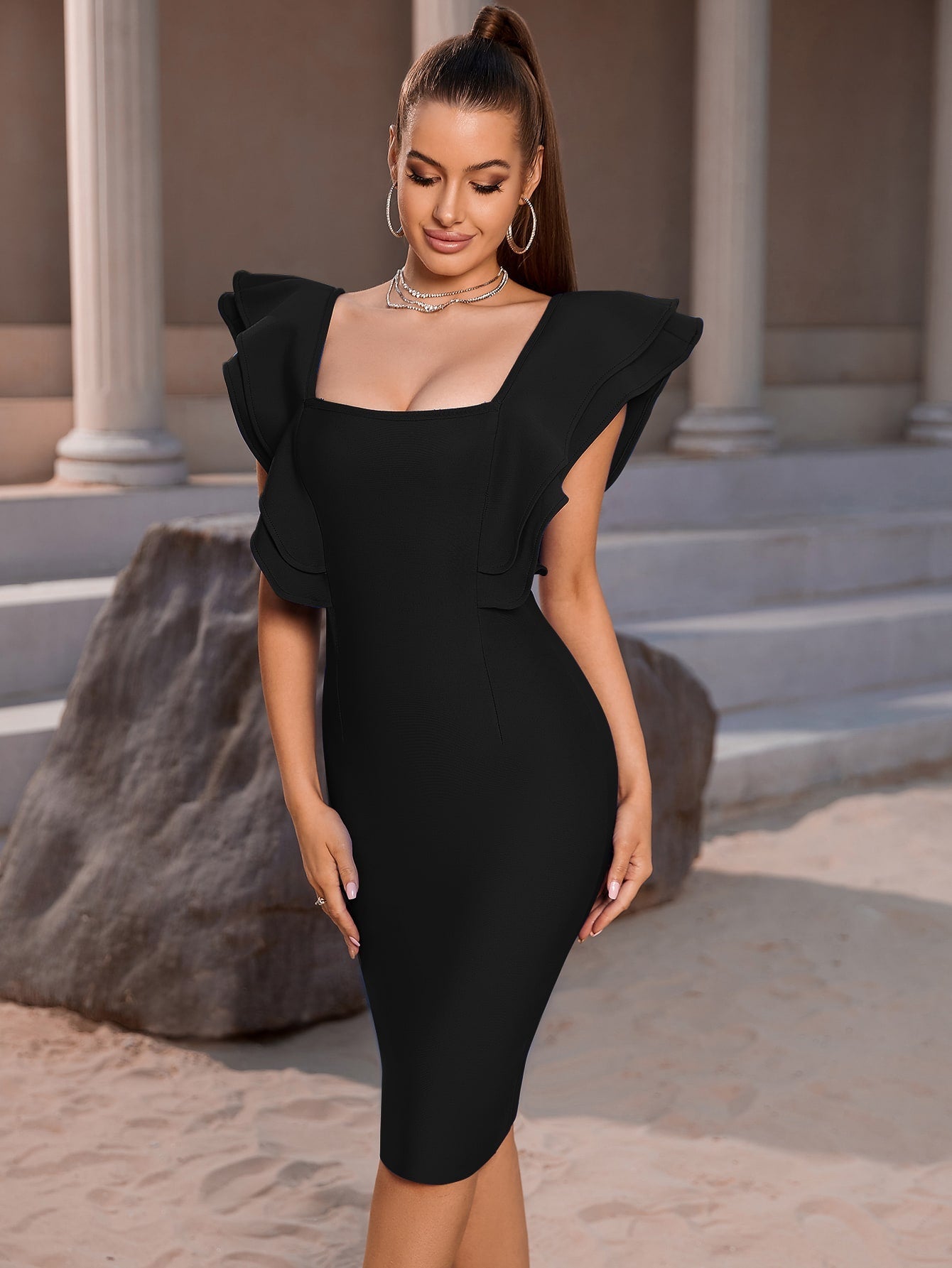 ADYCE Square Neck Backless Ruffle Trim Cocktail Party Bandage Bodycon Dress shein