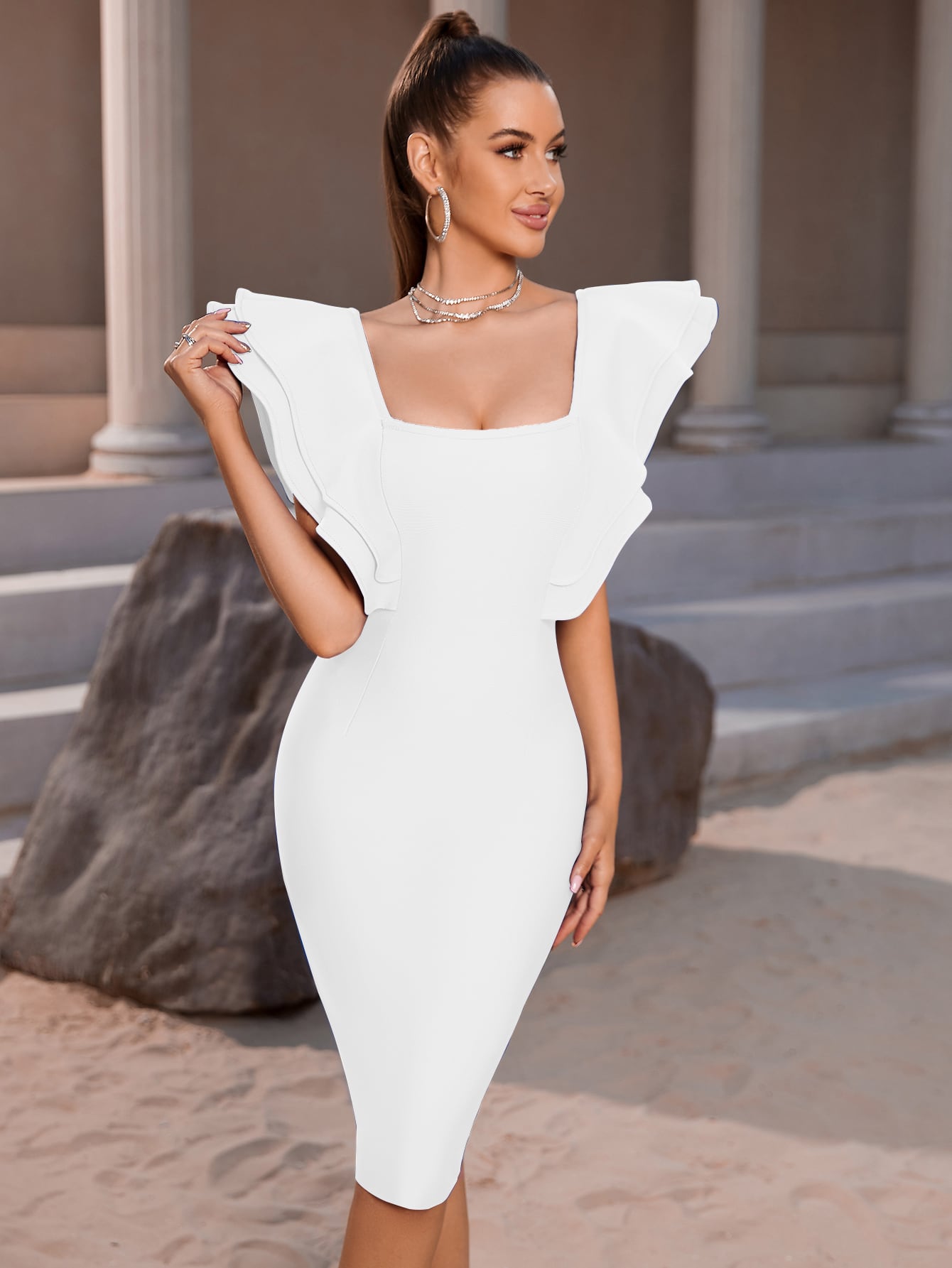 ADYCE Square Neck Backless Ruffle Trim Cocktail Party Bandage Bodycon Dress shein