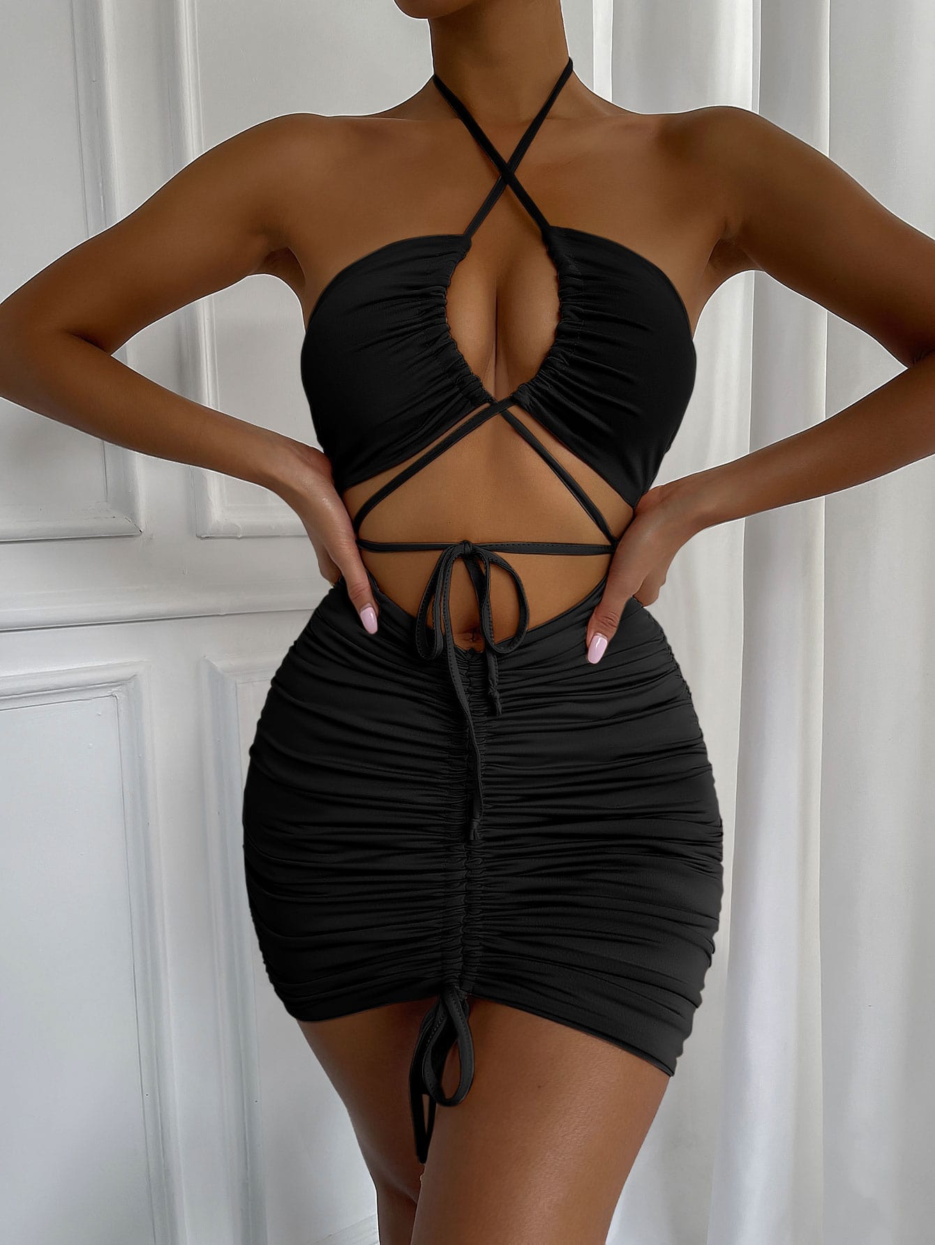 BAE Lace Up Front Drawstring Ruched Front Halter Dress shein