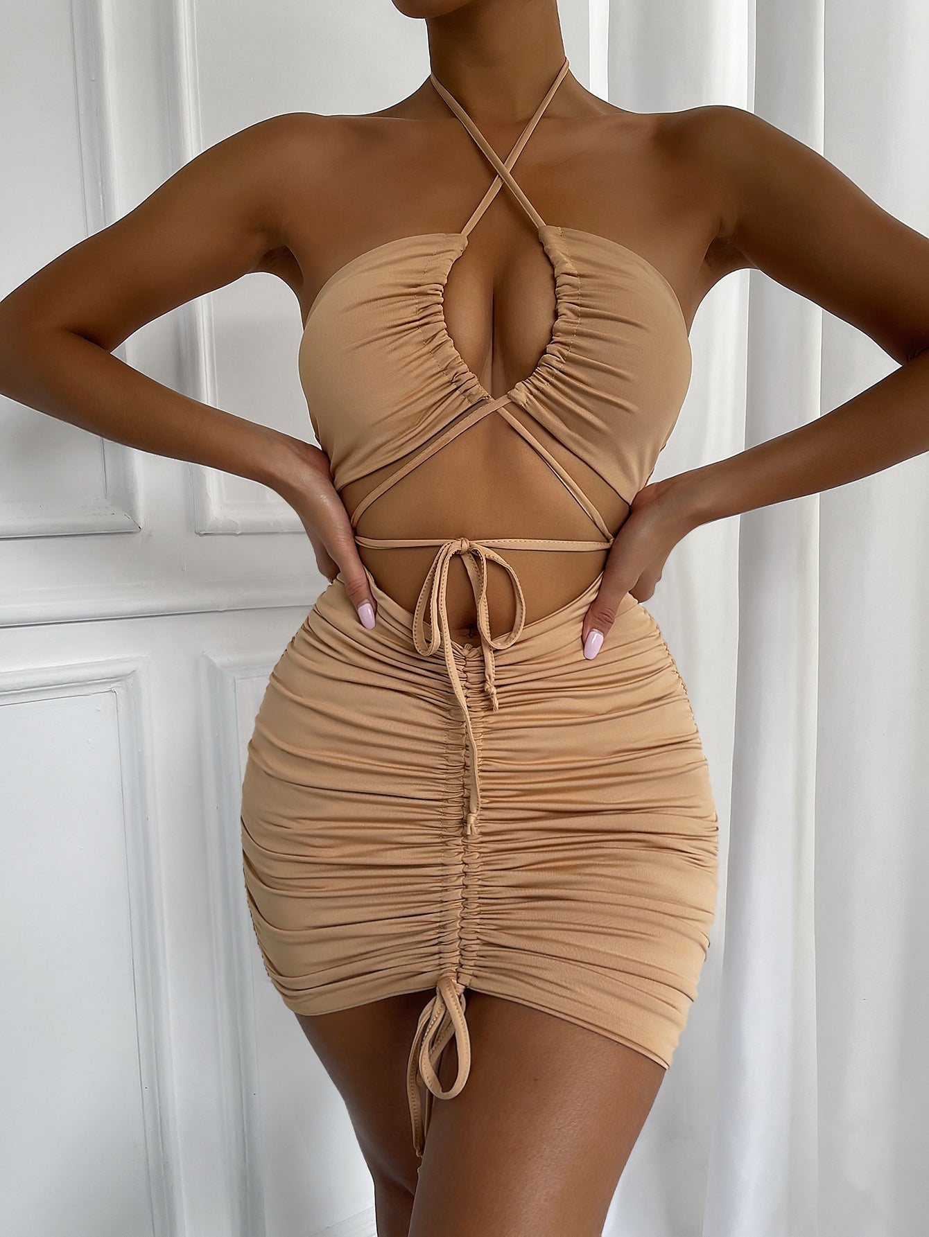 BAE Lace Up Front Drawstring Ruched Front Halter Dress shein