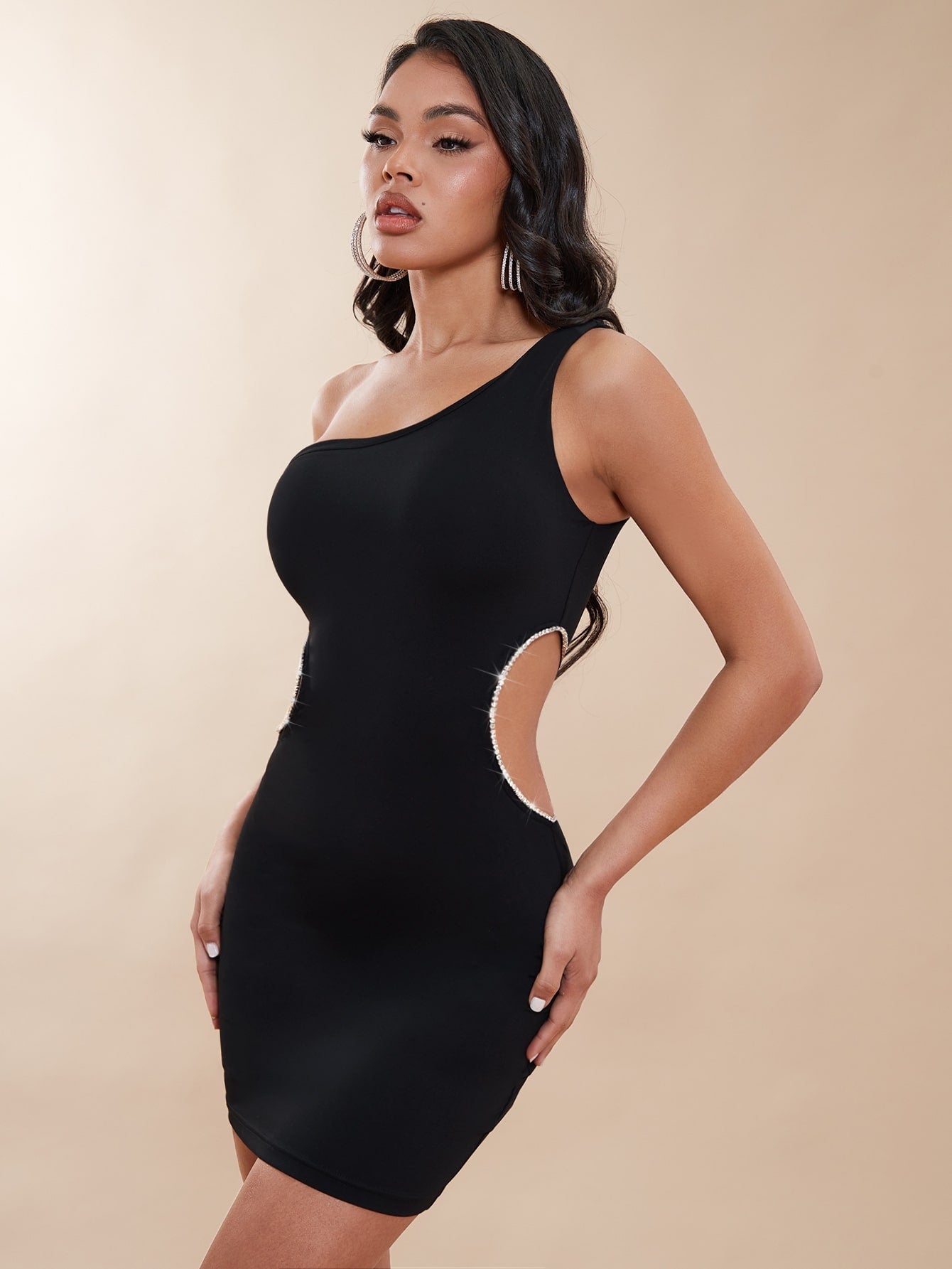 BAE One Shoulder Rhinestone Detail Cut Out Waist Bodycon Dress shein