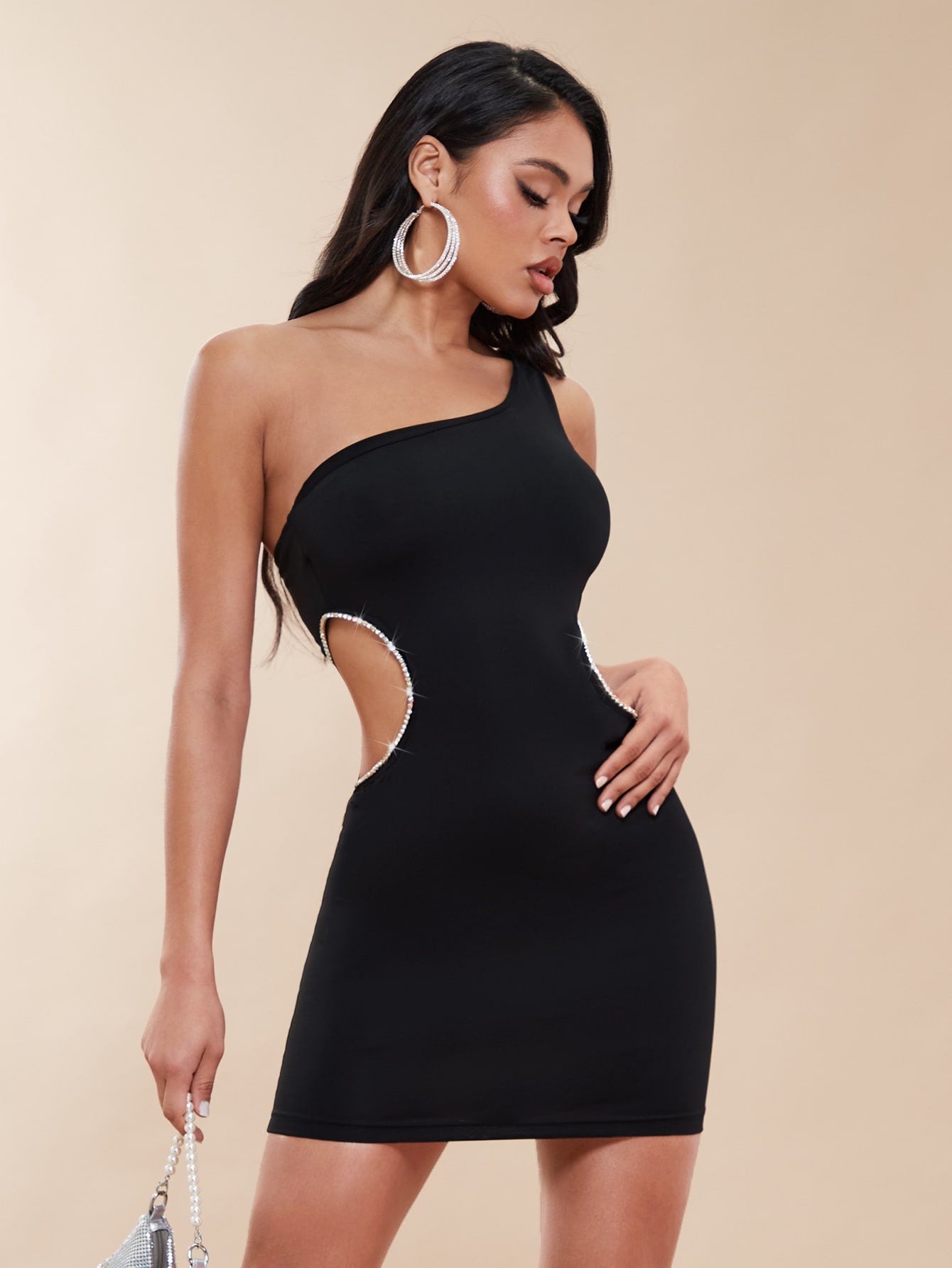 BAE One Shoulder Rhinestone Detail Cut Out Waist Bodycon Dress shein