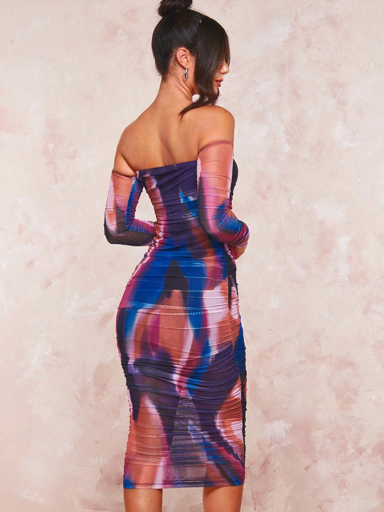 BAE Tie Dye Off Shoulder Ruched Side Bodycon Dress shein