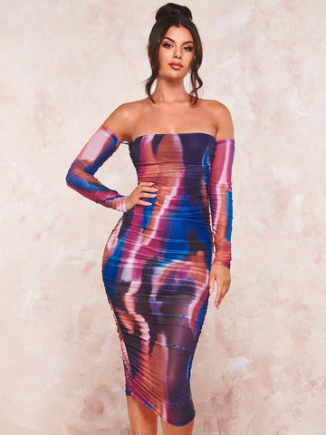 BAE Tie Dye Off Shoulder Ruched Side Bodycon Dress shein