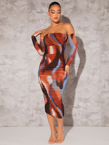 BAE Tie Dye Off Shoulder Ruched Side Bodycon Dress shein