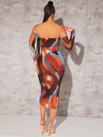 BAE Tie Dye Off Shoulder Ruched Side Bodycon Dress shein