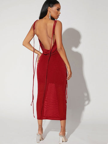 BAE Tied Shoulder Backless Glitter Dress cider