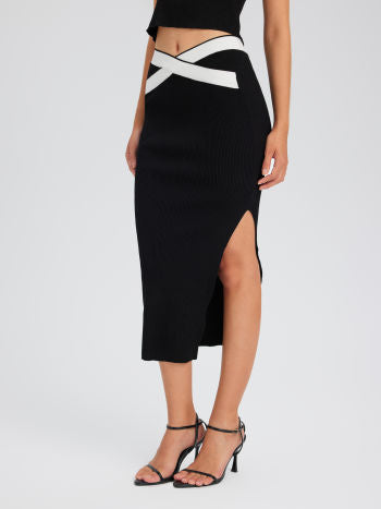 Contrast Trim Solid Split Knitted Maxi Skirt cider