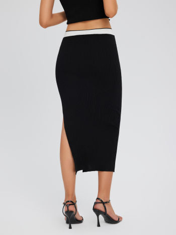 Contrast Trim Solid Split Knitted Maxi Skirt cider