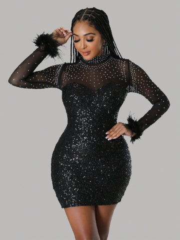 Fuzzy Cuff Mock Neck Sequin Bodycon Dress shein