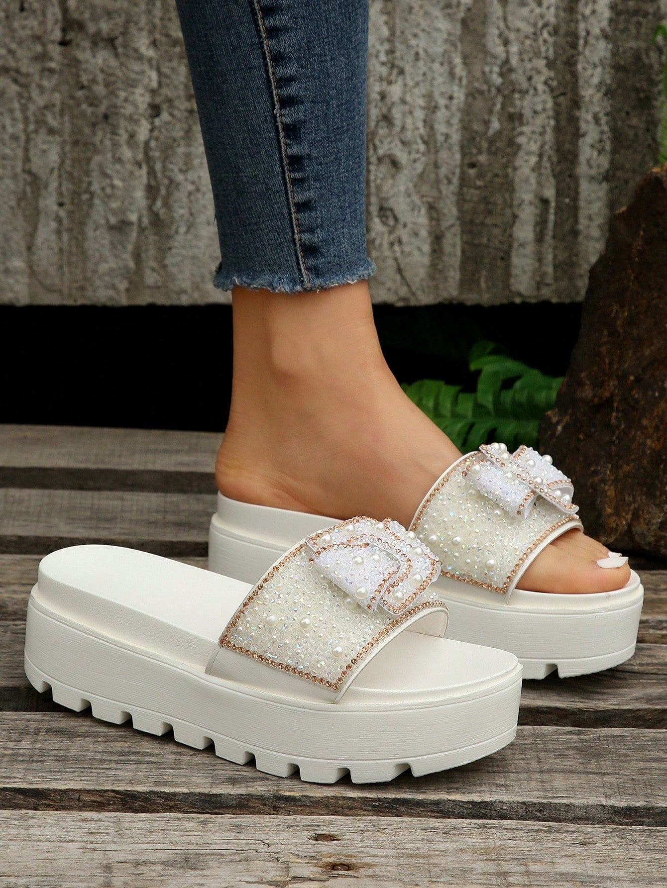 Glamorous White Wedge Slide Sandals Shein