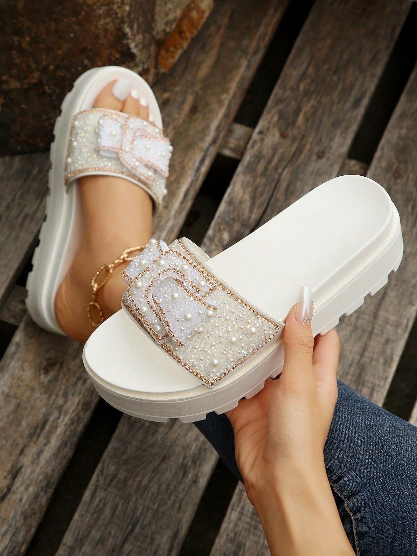 Glamorous White Wedge Slide Sandals Shein