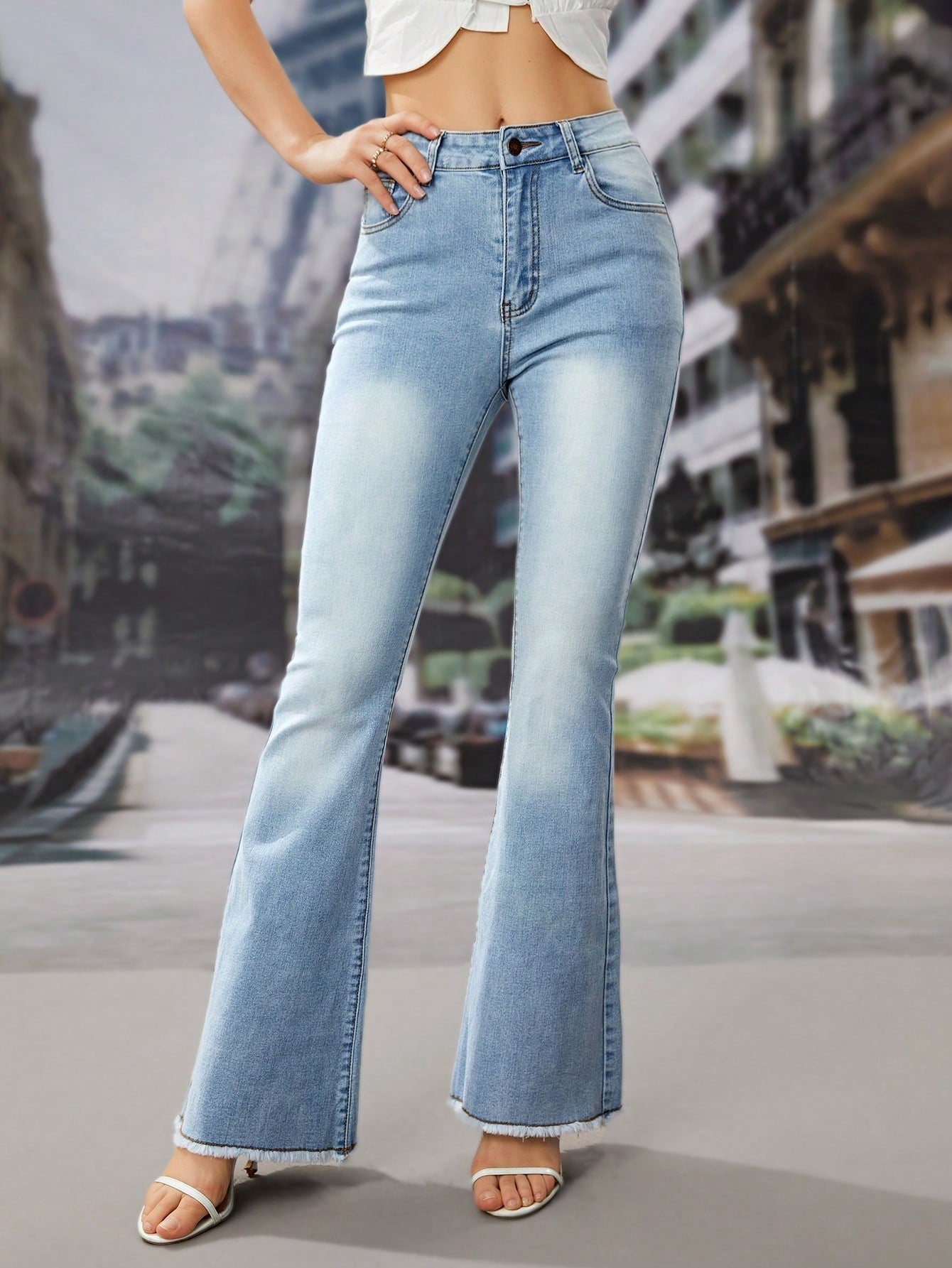 High-rise Raw Hem Flare Jeans Shein