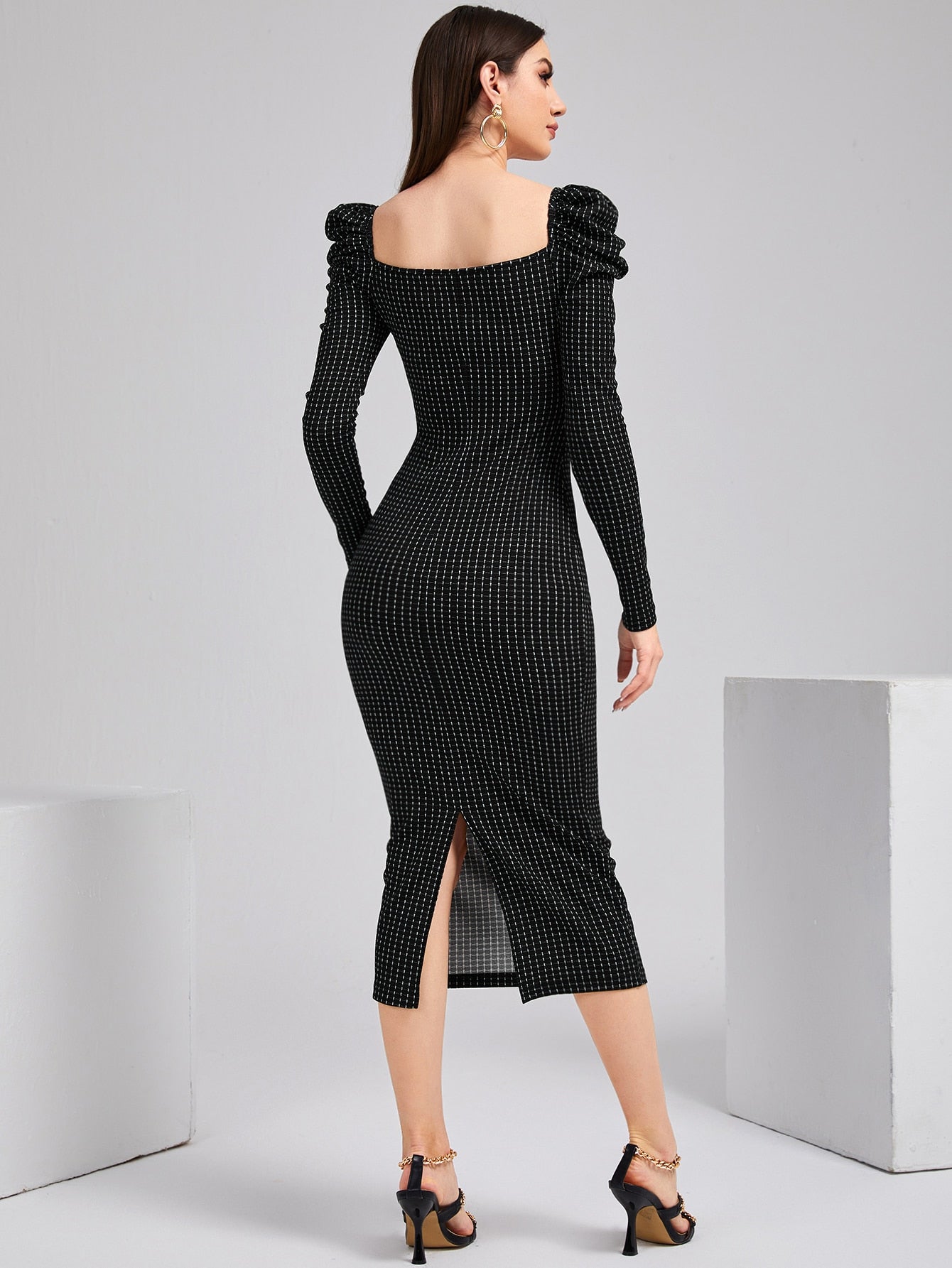 Modely Plaid Sweetheart Neck Gigot Sleeve Slit Back Bodycon Dress shein