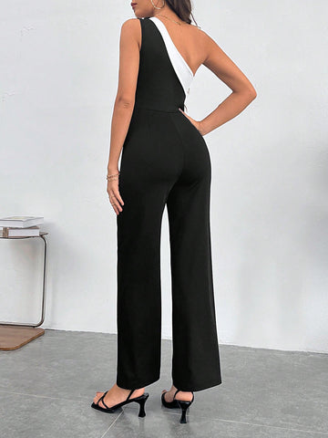 One Shoulder Asymmetrical Neck Jumpsuit Shein