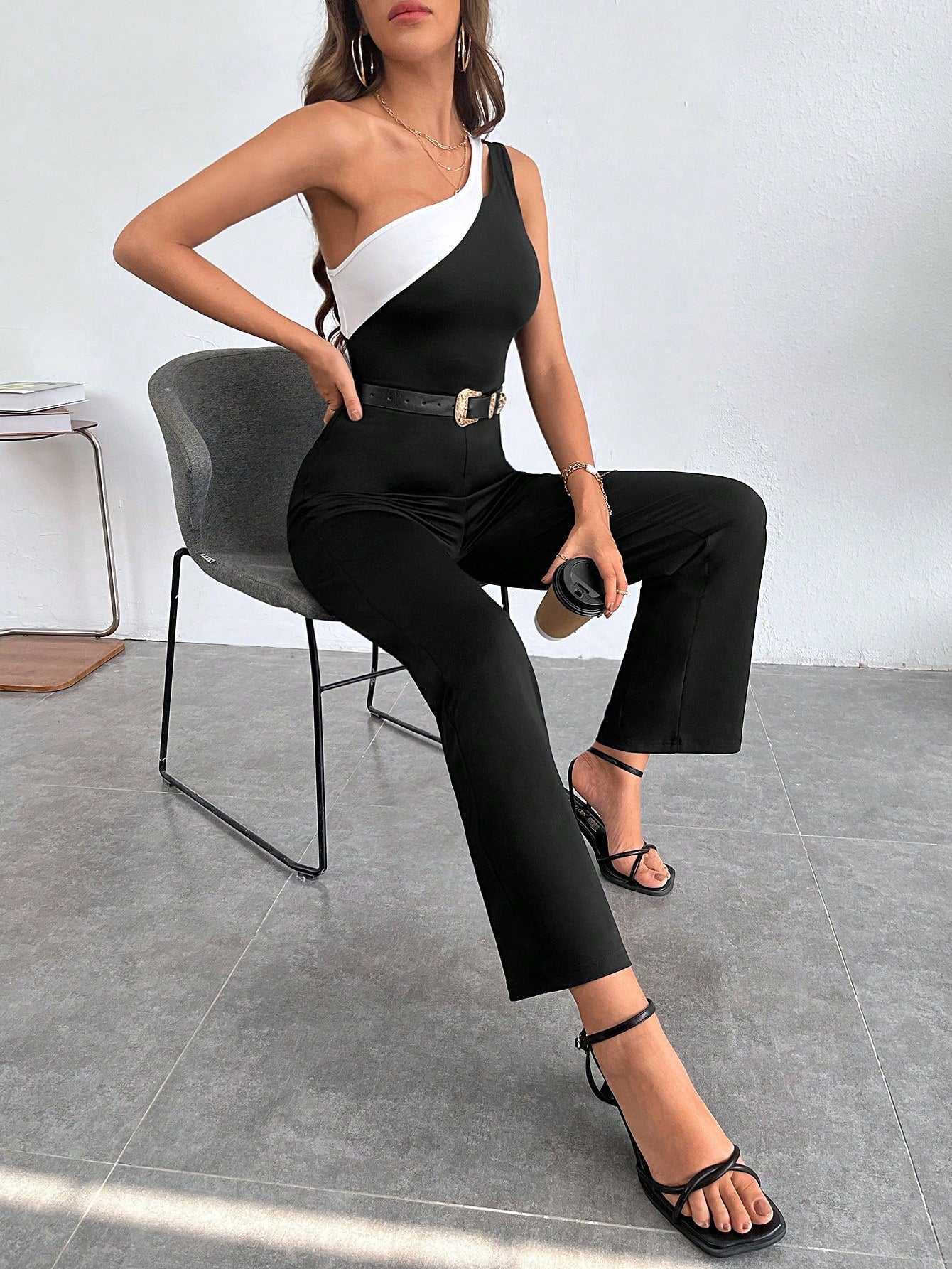 One Shoulder Asymmetrical Neck Jumpsuit Shein