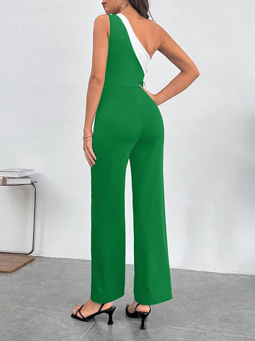 One Shoulder Asymmetrical Neck Jumpsuit Shein