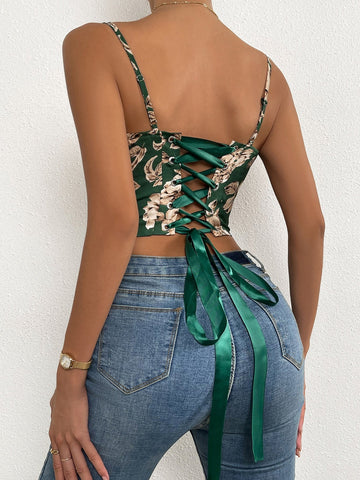 Privé Floral Print Lace Up Back Crop Cami Top shein