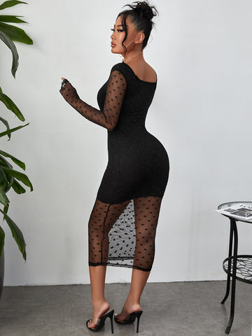 SXY Contrast Dobby Mesh Bodycon Dress shein