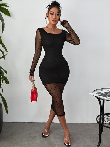 SXY Contrast Dobby Mesh Bodycon Dress shein