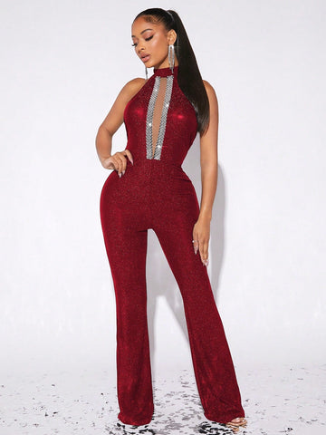 SXY Open Back Rhinestone and Pearls Detail Contrast Mesh Glitter Halter Jumpsuit shein