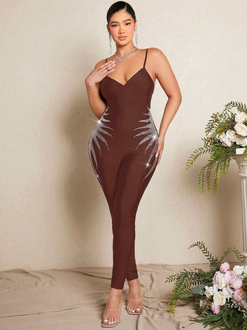 SXY Rhinestone Detail Cami Unitard Jumpsuit shein