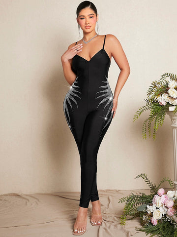 SXY Rhinestone Detail Cami Unitard Jumpsuit shein