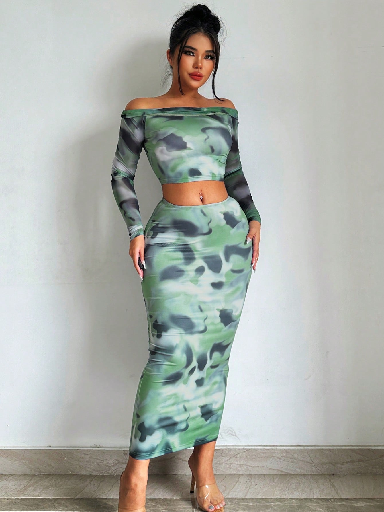 Tie Dye Off Shoulder Crop Tee & Pencil Skirt shein