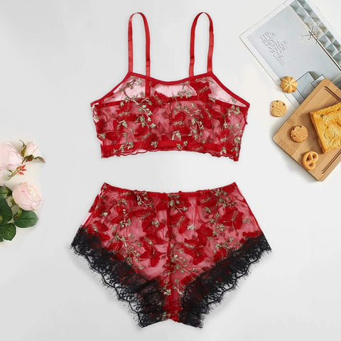 Butterfly Embroidery See Through Lingerie Set shein